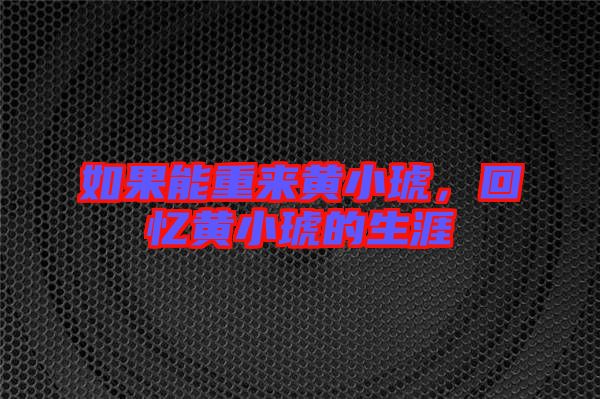 如果能重來黃小琥，回憶黃小琥的生涯